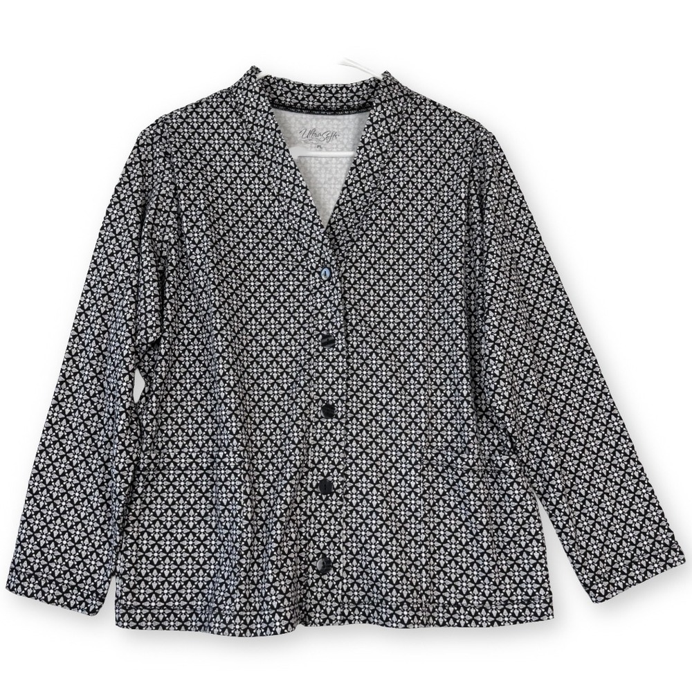 National UltraSofts Black White Geometric Floral Button Front Jacket PL 24457